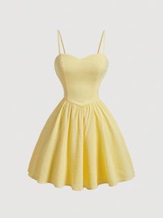 Yellow Casual,Elegant Collar Sleeveless Woven Fabric Colorblock,Plain Cami,Fit and Flare Embellished Non-Stretch  Women Clothing Yellow Dress For Women, Cute Yellow Outfits, Yellow Short Dress, Yellow Spaghetti Strap Dress, Cute Yellow Dress, Yellow Party Dress, Short Strappy Dress, Yellow Dress Casual, Cute Yellow Dresses