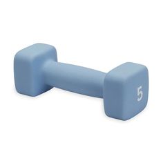 a blue dumbbell with the number five on it