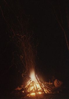 a campfire is lit up in the dark