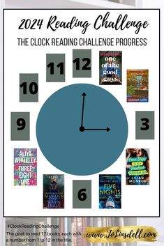 a clock with the words reading challenge on it in front of bookshelves and stacks of books