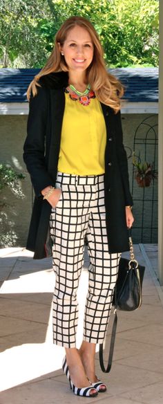 Today's Everyday Fashion: Windowpane — J's Everyday Fashion Gold Tops Outfit, Yellow Blouse Outfit, Polka Dot Pants Outfit, Yellow Polka Dot Dress, Pants Outfit Ideas, Yellow Purse, Hot Pink Tops, Yellow Coat