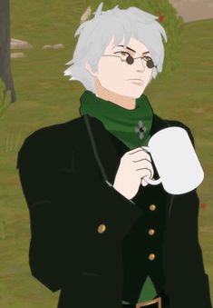 an animated image of a man with white hair and glasses holding a cup in his hand