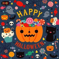 an image of halloween greeting card with cats and pumpkins on it's head