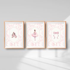 three pink ballet posters hanging on the wall