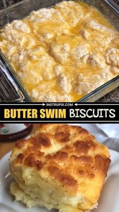 two pictures with different types of food in them and the words butter swim biscuits