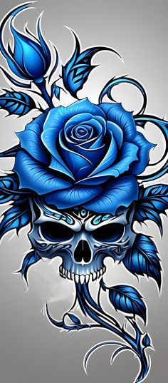 a blue rose on top of a skull