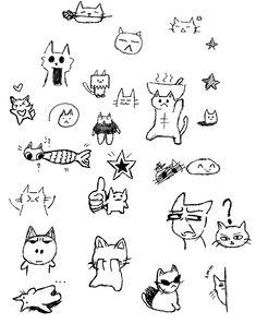 a bunch of cats drawn in black and white with stars on the top, one cat has