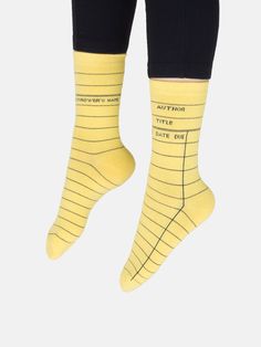 Current socks past due? Try our library card yellow socks. Product Details Unisex 75% cotton, 20% polyester, 5% spandex Color: yellow Size & Fit Small: Shoe Sizes: 5.5-9/Sock: 9-11 Large: Shoe Sizes: 8.5-12/Sock: 10-13 Each purchase helps to fund literacy programs and book donations to communities in need. Bookish Style, Book Socks, Yellow Socks, Sock Lovers, Sweater Socks, Literacy Programs, Donate Books, Comfy Socks, Toddler Socks