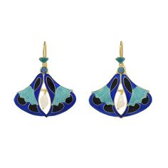 These earrings are treasures that seduce the eyes. A double trumpet flower is brilliantly colored in turquoise and royal blue enamel work and accented with an pearl and turquoise stone. Hoop backs for pierced ears. 24k gold over sterling silver. Size 1 1/4 inches. Elegant Enamel Dangle Jewelry, Elegant Turquoise Enamel Earrings, Elegant Enamel Dangle Earrings, Elegant Teardrop Enamel Jewelry, Blue Enamel Dangle Jewelry, Elegant Enamel Clip-on Jewelry, Turquoise Enamel Dangle Earrings, Enamel Ear Wire Jewelry, Turquoise Jewelry With French Hook For Gift