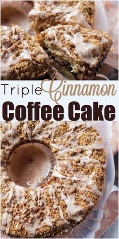 triple cinnamon coffee cake with frosting on top and the words triple cinnamon coffee cake above it