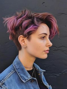 Explore Trendy Short Hair Color Ideas Today Pink Hair With Undercut, Short Pink Hair Dark Roots, Pixie Haircut With Color Streaks, Colorful Pixie Hair, Pixie With Undercut Fine Hair, Short Hair Pink Highlights, Black And Purple Hair Short, Two Toned Pink Hair, Short Hair Dye Ideas Pixie Cuts