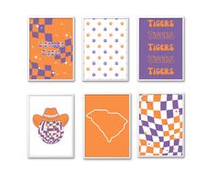 four orange and purple cards with the word tigers on them, all in different designs