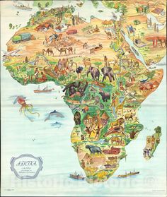 an illustrated map of africa with animals and places to see on it's side