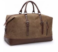 Men's weekender duffel bag, available in: -Grey -Brown -Khaki Green Material is made of a thick waxed canvas, with Real leather accents Measures: 9.5 Wide x 14 tall x 22 length in inches Inside: main center compartment, 2 zipper pockets, 2 open pockets, with leather zipper top. Outside: 2 zipper pockets, leather handles, & adjustable canvas shoulder strap Great for Groomsman! Canvas Duffle Bag, Black Russian, Canvas Travel Bag, Overnight Travel Bag, Leather Weekender, Sac Week End, Mens Travel Bag, Leather Travel Bag, Bag Essentials