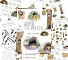 an animal homes unit study is shown in this graphic design workbook, which features illustrations of animals and their nests