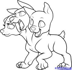 a cartoon dog with its mouth open and tongue out, running towards another dog's head