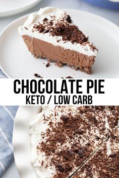 chocolate pie with white frosting on top and the words, chocolate pie keto / low carb