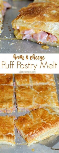 ham and cheese puff pastry melt is cut into squares on a baking sheet with text overlay