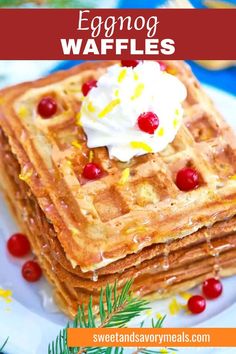 a plate with the best eggnog waffles one on top of others Eggnog Waffles, Winter Brunch, Savory Meals, Holiday Breakfast, Best Breakfast Recipes, Festive Treats, Waffle Recipes, Holiday Magic, Sweet And Savory