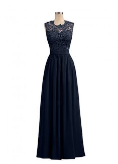 a dress on a mannequin with lace and chiffon in navy blue