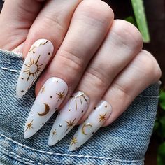 Witchy Nails, Moon Nails, Acrylic Press On Nails, Gold Chrome, Fire Nails, Gold Nails, Cute Acrylic Nails, Almond Nails, Glue On Nails