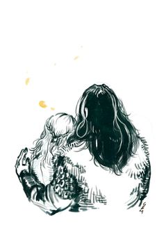 a drawing of a woman holding a child in her lap and looking up at the sky