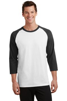 Port & Company ® Core Blend 3/4-Sleeve Raglan Tee. PC55RS - WHITE/ JET BLACK - S | Port & Company Core Blend 3/4-Sleeve Raglan Top in White/Jet Black Size Small | Cotton Polyester Raglan Tshirt, Raglan Top, Raglan Shirts, Raglan Tee, Baseball Tee, The Globe, Mens T, Long Sleeve Tshirt, Mens Shirts