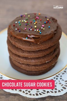 chocolate sugar cookies stacked on top of each other