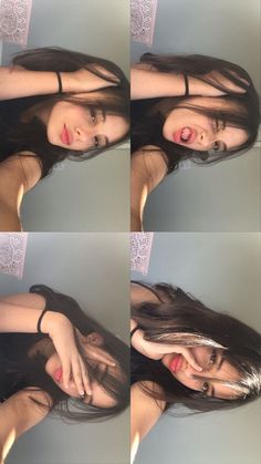 four different pictures of a woman with long hair