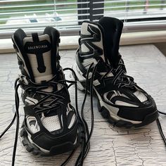 Balenciaga High Top Sneakers 41 Used Once No Wear Look New Black And White Black Balenciaga Track Sneakers, Balenciaga Track Sneakers, Track Sneakers, Shoes Balenciaga, Balenciaga Track, Balenciaga Shoes, Mens Shoes Sneakers, High Top, New Black