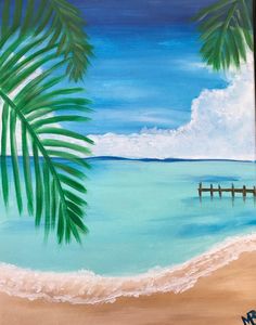 a painting of a beach scene with palm trees