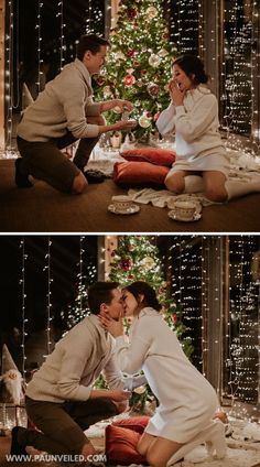 Check out this adorable Christmas engagement photo idea. This couple took photos of their proposal reenactment. The scene was set with a decorated Christmas tree and hanging twinkle lights. Check out the full blog post for ideas to use for your Christmas engagement photos. Lots of pictures, ideas for props and outfits, and more! Photos by ninapremk_weddings Hanging Twinkle Lights, Christmas Engagement Photos, Engagement Photos Outfits, Home Photo Shoots, Christmas Engagement, The Proposal, Proposal Engagement