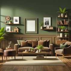 a living room with green walls and wooden flooring is furnished with modern furniture, including a couch, chair, coffee table, bookshelf and potted plants