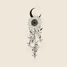 a black and white drawing of a sunflower with a crescent on it's side