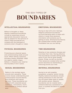 Strengthen your understanding of boundaries through these six more common types of boundaries. Build your knowledge around how to set boundaries, and how these boundaries get violated with helpful examples. Types Of Boundaries, Mental Health Facts, Healthy Relationship Advice, Feelings And Emotions, Mental And Emotional Health, Self Care Activities, Health Facts