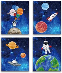 four different pictures of space with planets and rockets in the sky, one is an astronaut