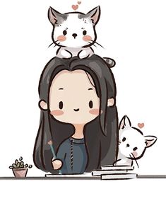 a woman sitting at a desk with two cats on her head and another cat standing on top of her head