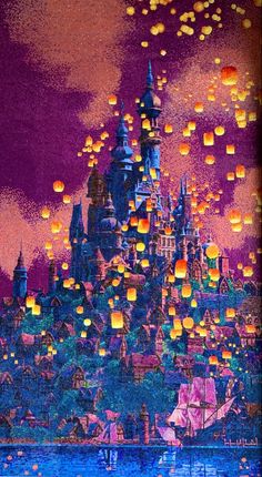 a painting of a castle with lots of lanterns floating in the air