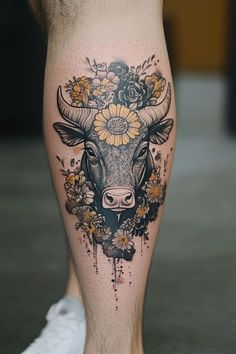 the calf is adorned with flowers and daisies