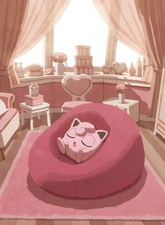 a cat sleeping on top of a pink bean bag chair in a room filled with furniture