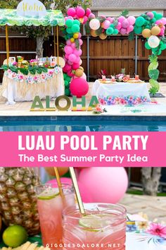 Pink Cocktails, Swimming Pool, and Pink Balloons. With Text Reading: Summer Luau Pool Party. Luau Theme Pool Party, Luau Pool Party Ideas, 13th Birthday Pool Party Ideas, Hawaiian Pool Party Ideas, Teen Girl Pool Party Ideas, Pool Party 11th Birthday, Luau Picnic, Luau Swim Party, Summer Luau Party