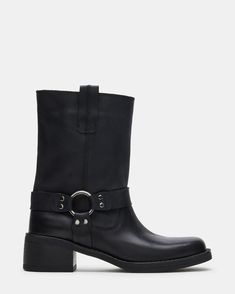 1.75 inch heel height 13 inch shaft circumference 7.75 inch shaft height Leather upper material Synthetic lining Synthetic sock Synthetic sole Imported Women's Booties, Steve Madden Store, Simple Shoes, Apparel Merchandising, Leather Moto, Moto Boots, Black Leather Boots, Steve Madden Shoes, Leather Boots