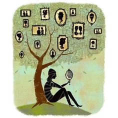 a woman sitting under a tree with many frames on it's branches and holding a bird