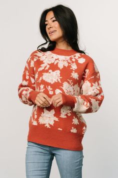 Casual Knit Sweater With Floral Print, Casual Floral Print Sweater For Fall, Floral Print Sweater For Fall, Floral Print Fall Sweater, Cozy Jacquard Knit Tops For Fall, Cream Sweater For Fall, Fall Floral Print Crew Neck Sweater, Floral Print Crew Neck Sweater For Fall, Jacquard Knit Sweater For Fall Layering