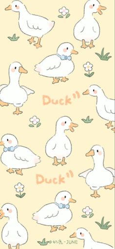 an image of ducks in different positions on a yellow background with the words duck'n