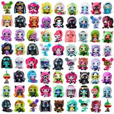 many different little monster dolls are shown together