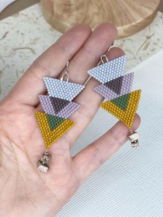 Handmade beaded earrings Handmade White Triangle Beaded Earrings, Multicolor Beaded Geometric Earrings, Handmade Beaded Earrings, Earrings Triangle, Earrings Colorful, Handmade Earrings Beaded, Earrings Geometric, Triangle Earrings, Colorful Earrings