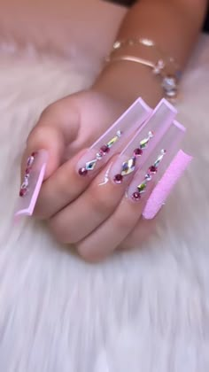 Xl Nails With Rhinestones, Gem Acrylic Nails Jewels, Summer Xl Nails, Pink Nail Designs With Rhinestones, Long Pink Nails With Rhinestones, Long Bling Acrylic Nails, Glam Acrylic Nails, Long Nails With Rhinestones