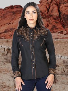 40% Polyester 60% cotton Western design Adjustable button cuffs Long sleeve El Señor De Los Cielos Black/Brown Black Long Sleeve Western Shirt, Western Style Black Long Sleeve Tops, Black Long Sleeve Top For Rodeo, Fitted Western Top For Fall, Fitted Western Blouse For Fall, Fitted Western Style Blouse For Fall, Fitted Black Western Tops, Western Black Shirt For Ranch, Western Style Black Shirt For Ranch