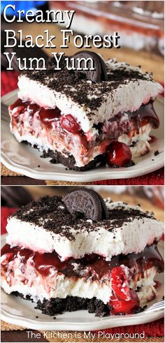 Plate of No-Bake Black Forest Yum Yum Filled Desserts, Chocolate Fudge Pudding, Cherry Pie Filling Recipes, Fudge Pudding, Cherry Recipes Dessert, Crumb Crust, Dessert Squares, Dum Dums, Southern Desserts